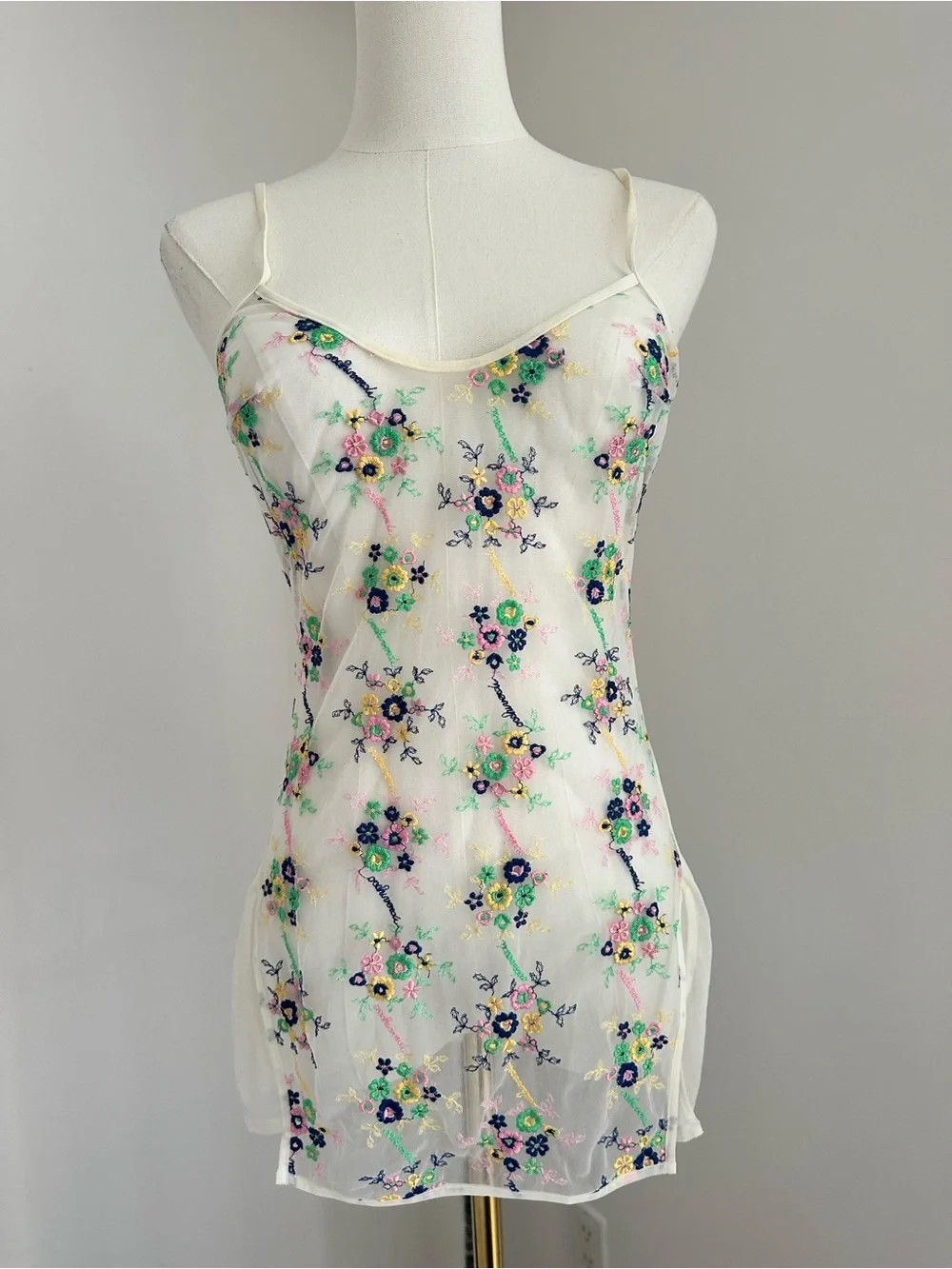 La Perla Ivory Sheer top chemise with Multicolor Floral Embroidery